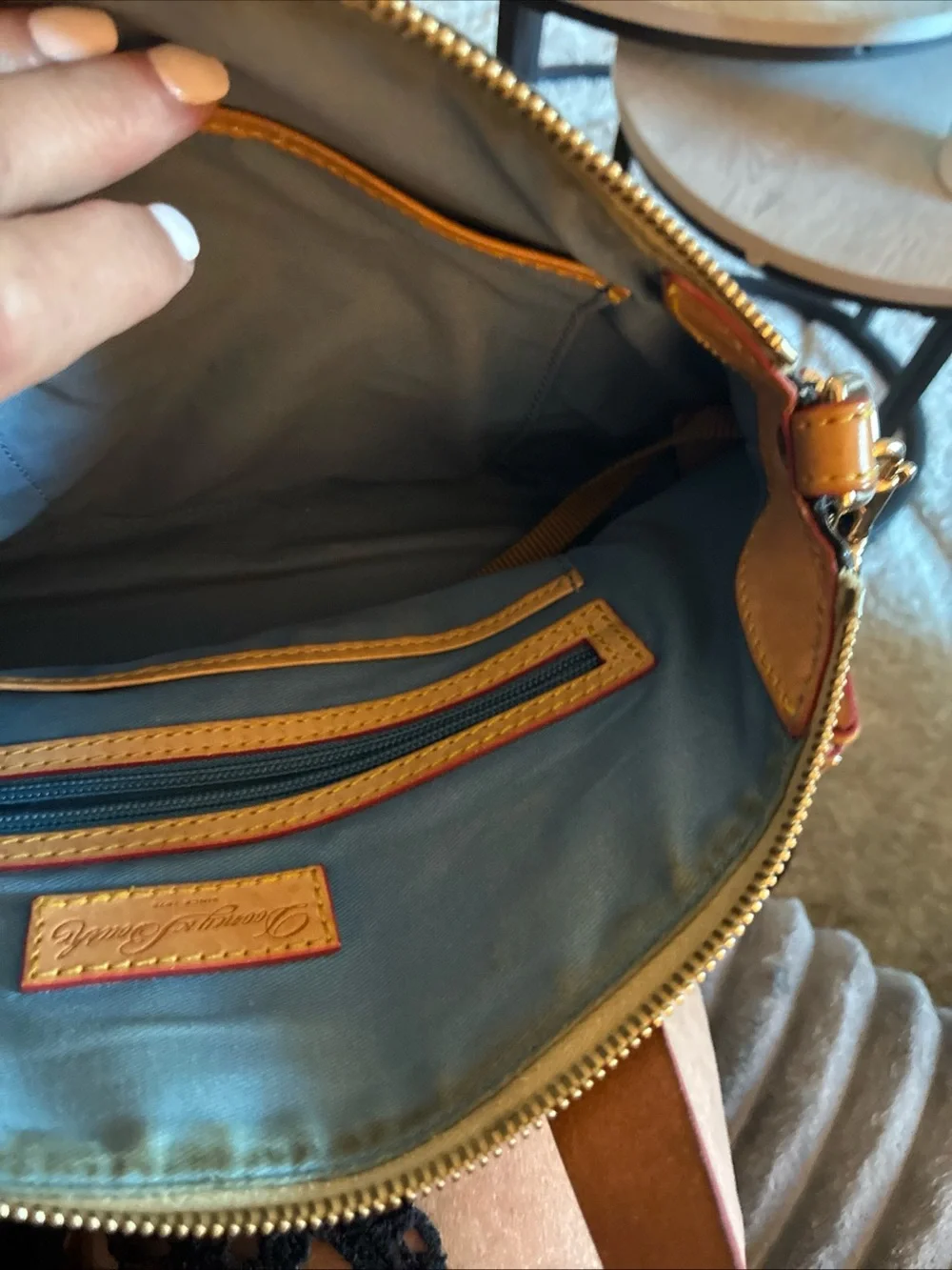 Dooney & Bourke Black Patent Shoulder Satchel with Tan Trim